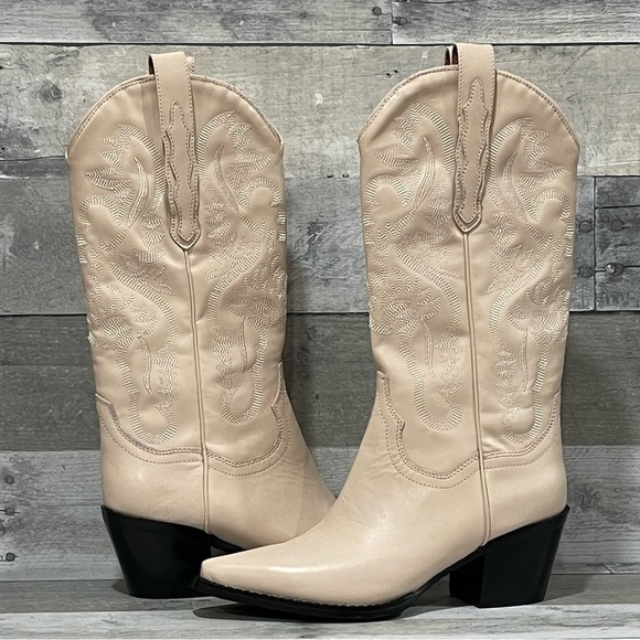 Jeffrey Campbell DAGGET Mid-Calf Western Heeled Boots in Natural Color - Sz - 6